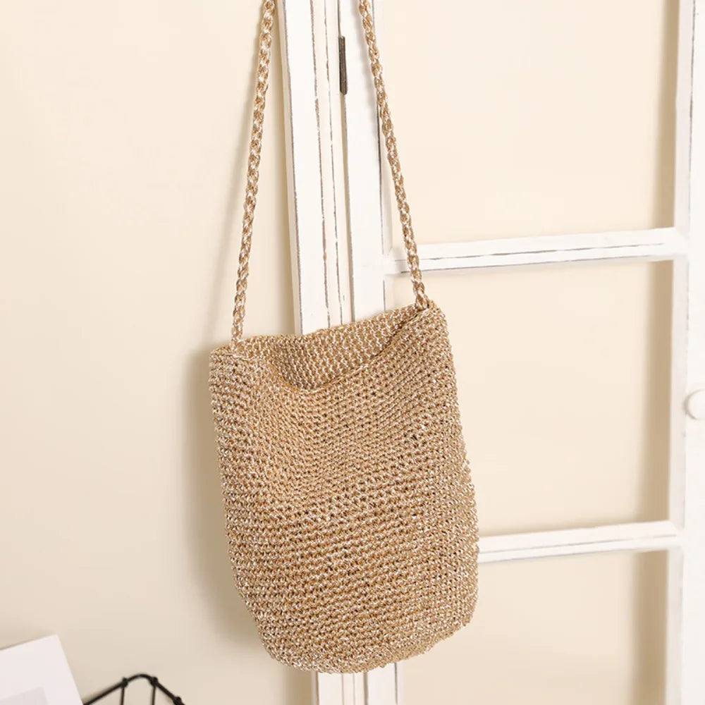 Korean Glitter Woven Bucket Bag – Crochet Tote & Beach Bag Woven Bucket Tote Peaceful Pleasures Health and Wellness Gold