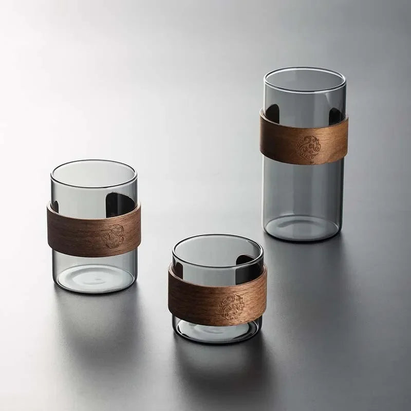 Thickened Glass Tea Cup with Wooden Ring Heat-resistant and Heat-resistant Water Cup Master Cup Household Glass Cup Coffee Cup Peaceful Pleasures Health and Wellness set A 301-400ml
