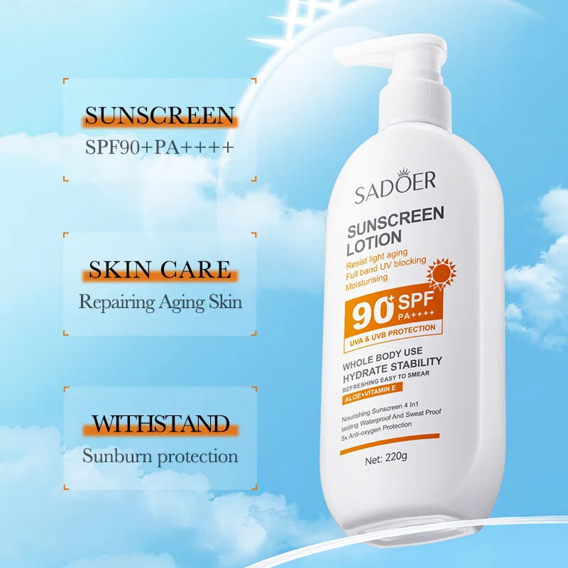 Super 220ml Vitamin E Body And Face Sunscreen Lotion SPF 90 PA++++Whole Body Use Protect + Hydrate Moisturizing Peaceful Pleasures Health and Wellness