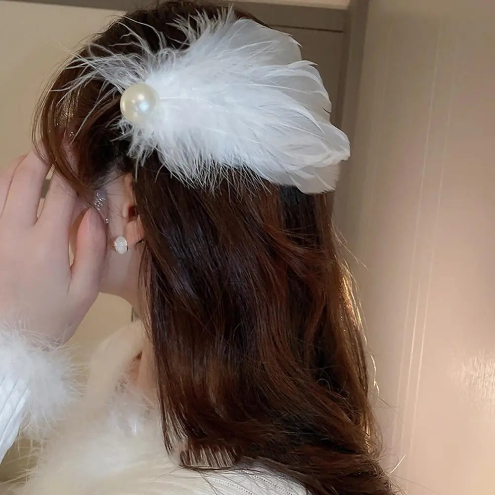 2pcs White Swan Feather Hairpin Headwear Ballet Style Stage Performance Side Clip Girl Party Faux Pearl Accessories Hair Clips Peaceful Pleasures Health and Wellness
