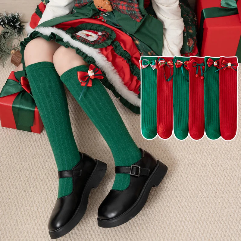 Girls' Christmas Long Socks | Bowknot Holiday Stockings Kids