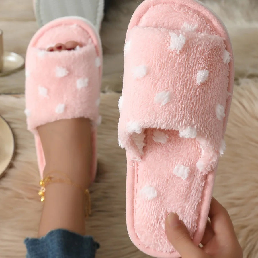 Women's Polka Dot Fluffy Slippers | Warm Non-Slip Open Toe