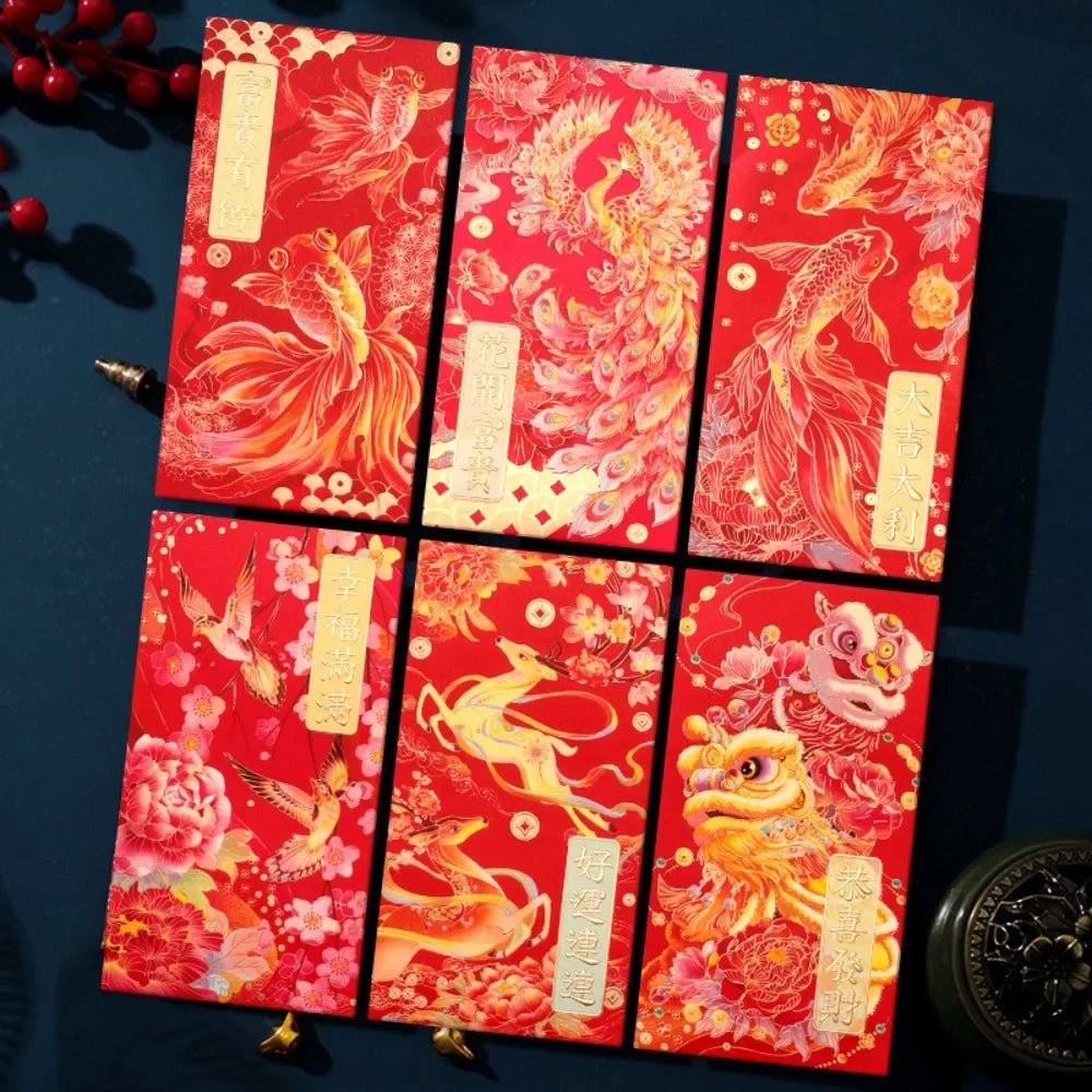 6pcs Hot Stamping Chinese New Year Red Envelope Rectangular Mixed Pattern Red Packet Thickened Solid Lucky Money Bag Peaceful Pleasures Health and Wellness Style D