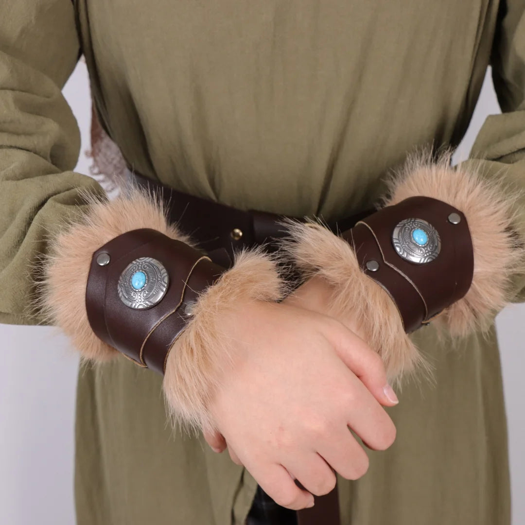 Medieval Knight Bracers Faux Leather Wristwear Furry Trim Retro