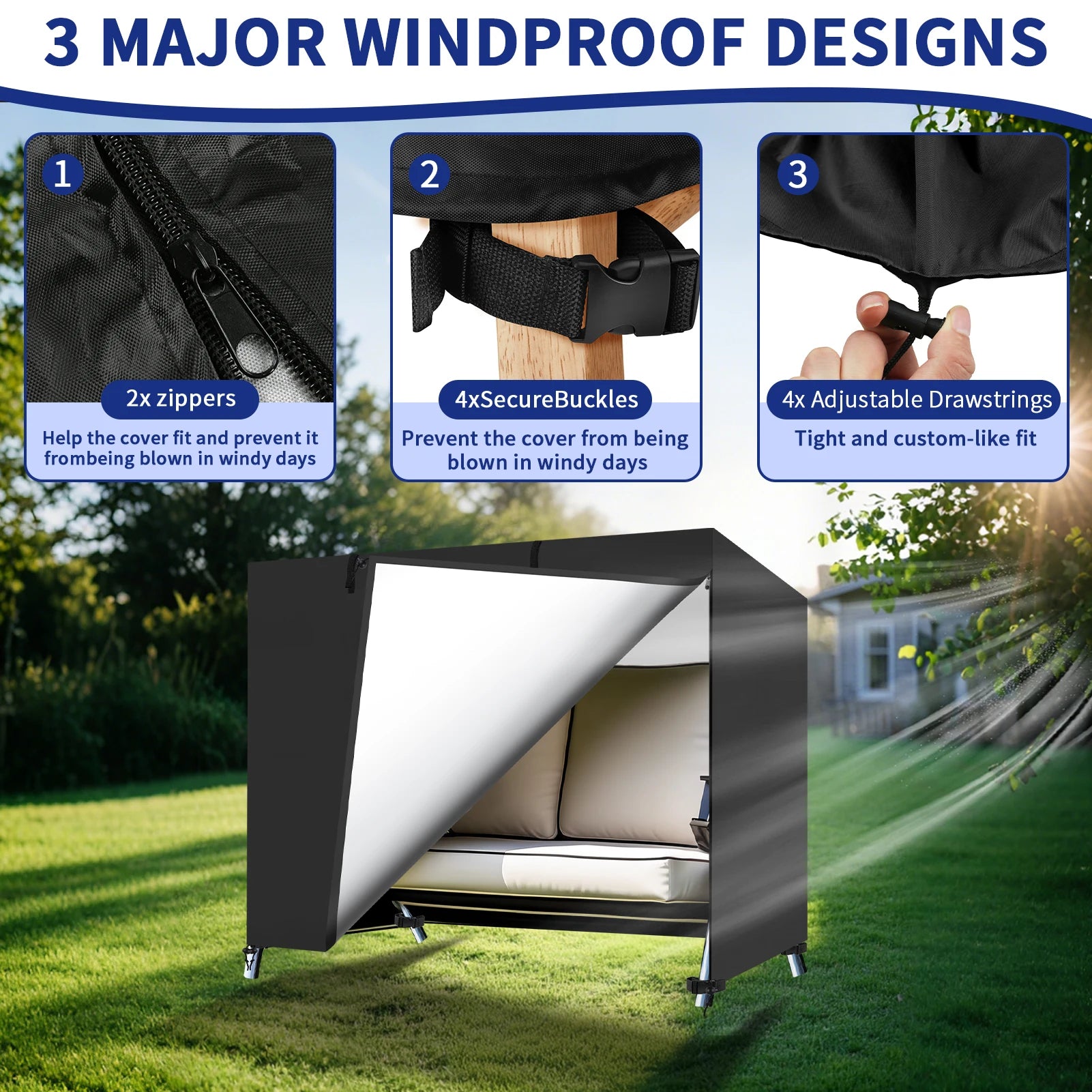 Garden Swing Cover 3-Seater Waterproof Hammock Cover W/ Zipper Anti-UV 210D Oxford Outdoor Swing Chair Cover Patio Chair Covers Peaceful Pleasures Health and Wellness
