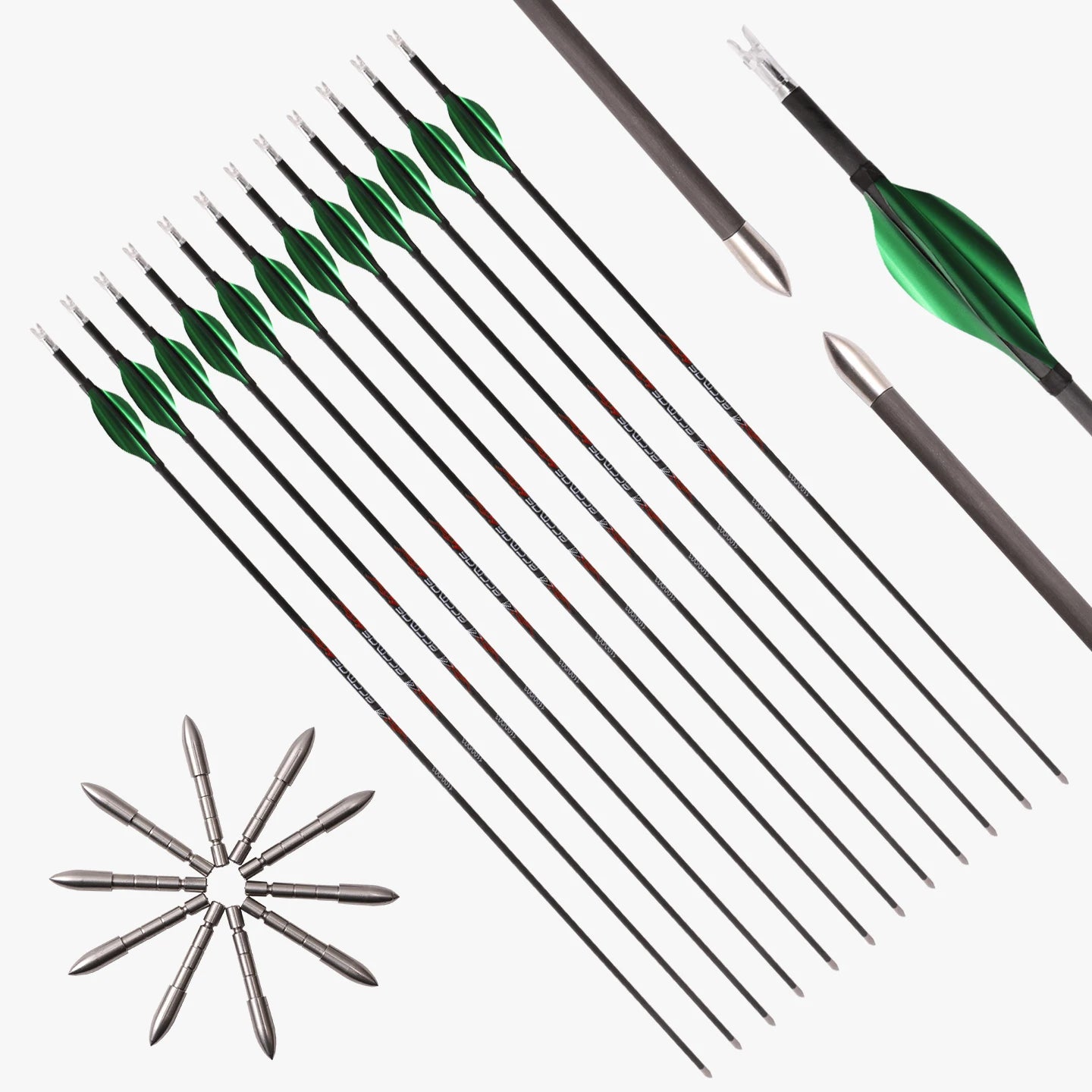 6 ID4 Pure Carbon Arrow Green Spinning Feather Spine 300-1800 Archery