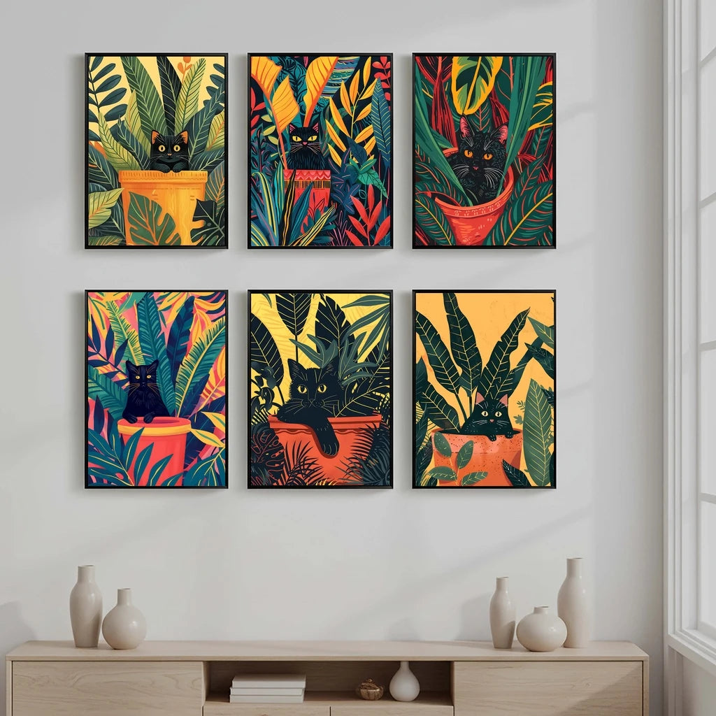 Abstract Wall Art Cute Black Cat in a Plant Pot Vintage Canvas Painting Modern Style Poster Prints Living Room Wall Decor Peaceful Pleasures Health and Wellness