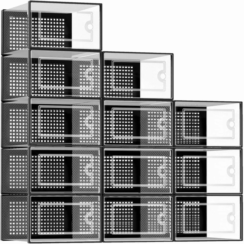 12-Pack Transparent Plastic Stackable Shoe Storage Boxes for Closet Linked Design Sports Shoe Organizers Foldable Shoe Racks Peaceful Pleasures Health and Wellness black color United States