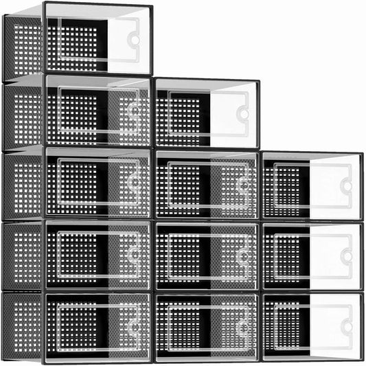 12-Pack Stackable Transparent Shoe Storage Boxes | Closet Organizer Peaceful Pleasures Health and Wellness black color United States