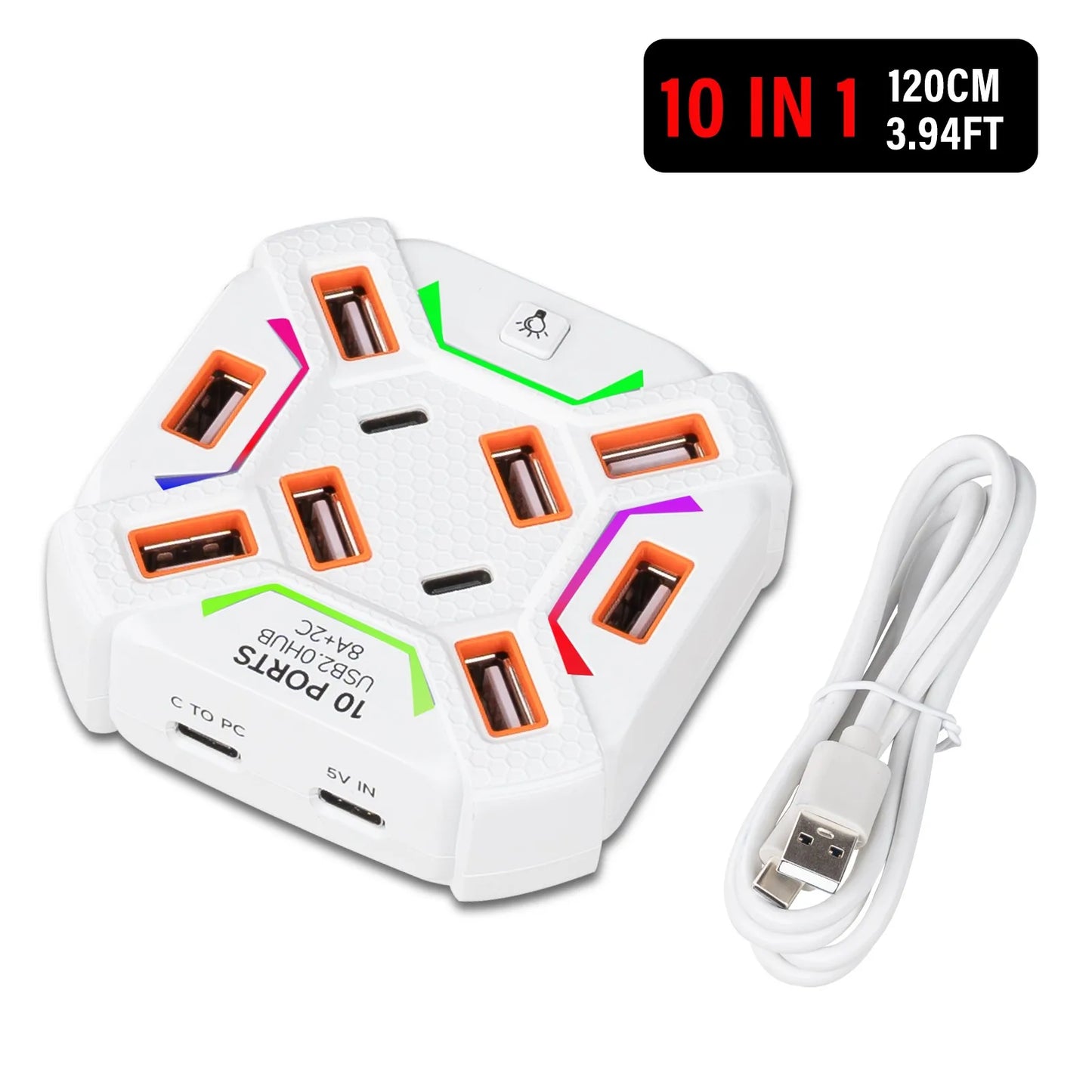 USB 2.0 Hub 7/10 Port High Speed Multi-Port Splitter with Individual LED Switches, Plug and Play for PC Mouse Keyboard USB Peaceful Pleasures Health and Wellness 10 Ports White 1.2m
