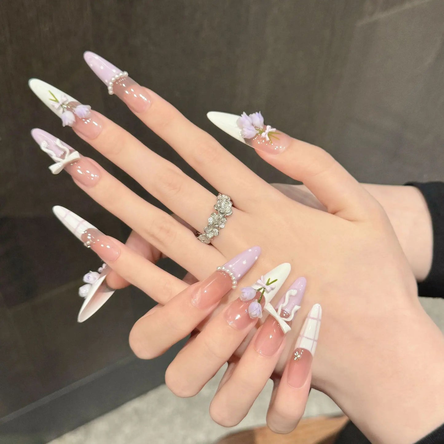 10pcs Handmade Press on Nails with 3d Purple Tulip Flower Fake Nails Wearable Full Cover Long Oval French Bow False Nail Tips Peaceful Pleasures Health and Wellness