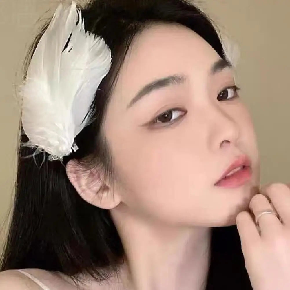 2pcs White Swan Feather Hairpin Headwear Ballet Style Stage Performance Side Clip Girl Party Faux Pearl Accessories Hair Clips Peaceful Pleasures Health and Wellness