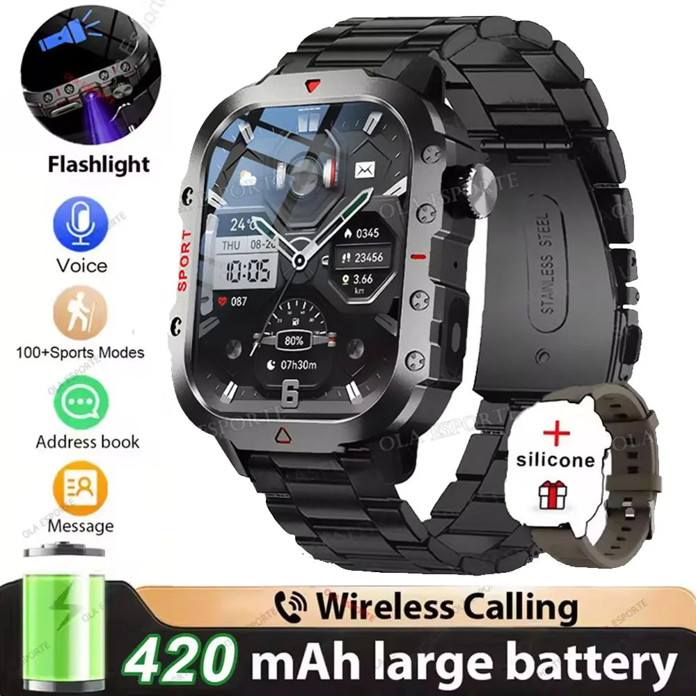2026 Outdoors Durable Men Sports Smart Watch 1400mAh Battery LED Flashlight Waterproof Bluetooth Call Military Smartwatchs HW12 Peaceful Pleasures Health and Wellness 2.01 Br22BkSzstrap Smartwatch