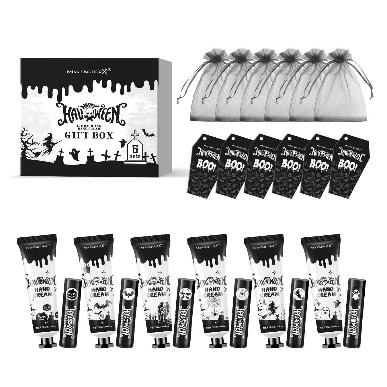 24PCS Halloween gift set (6 hand creams+6 lipstick) Each set includes a Halloween card and gift yarn bag Peaceful Pleasures Health and Wellness 6 sets gift sets