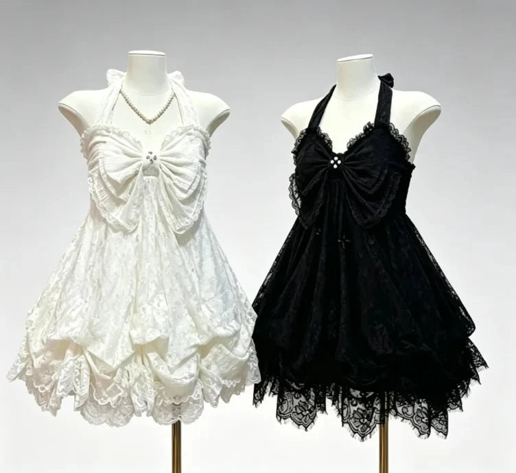 French Style Sweet Cute Polka Dot Splicing Dress Lace Bow Korean Fashion Dresses New Design Slim Waist Lady Y2k Mini Dress Peaceful Pleasures Health and Wellness