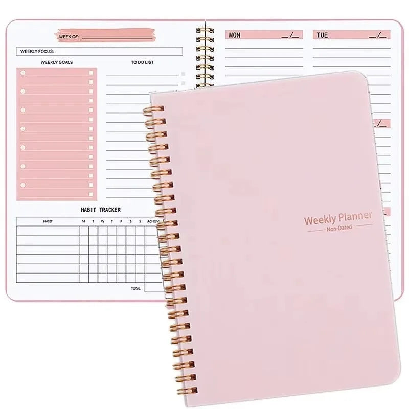 Undated Weekly Planner A5 Weekly Goals Spiral Binding Notebook Planner Agenda Record Daily Plans To Achieve Future Goals Peaceful Pleasures Health and Wellness Pink