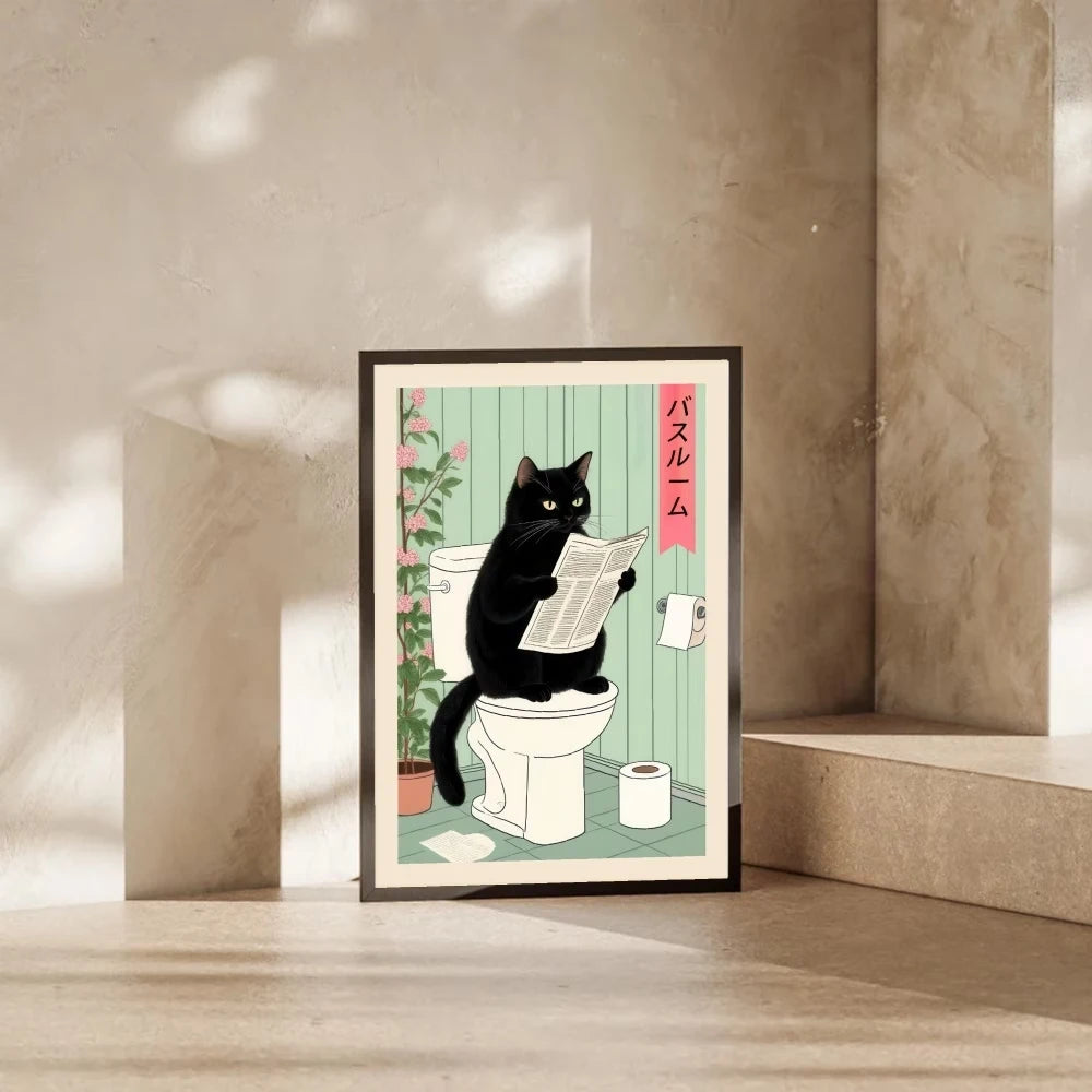 Modern,Retro Interesting Toilet Cat Wall Art Print Canvas Painting Poster Picture For Living Room,Bedroom Home Decor Peaceful Pleasures Health and Wellness