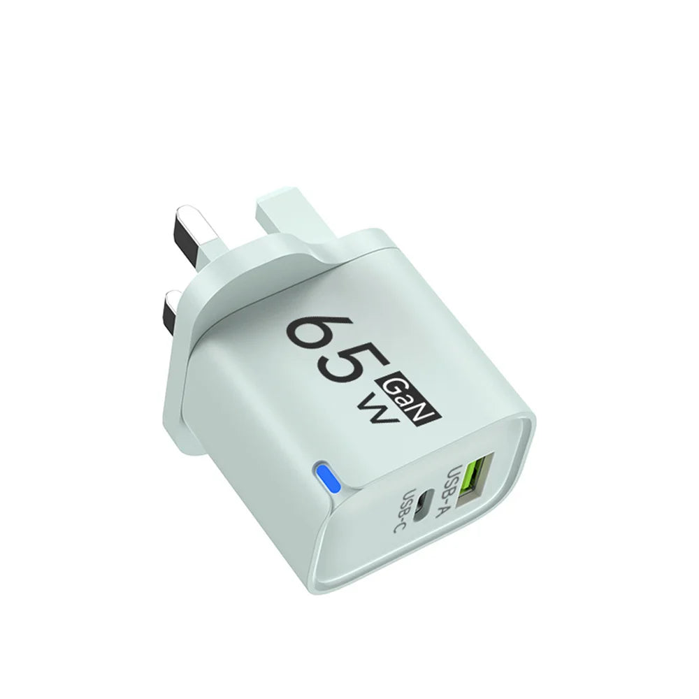 65W GaN USB-C Fast Charger PD QC 3.0 Dual Port Wall Adapter