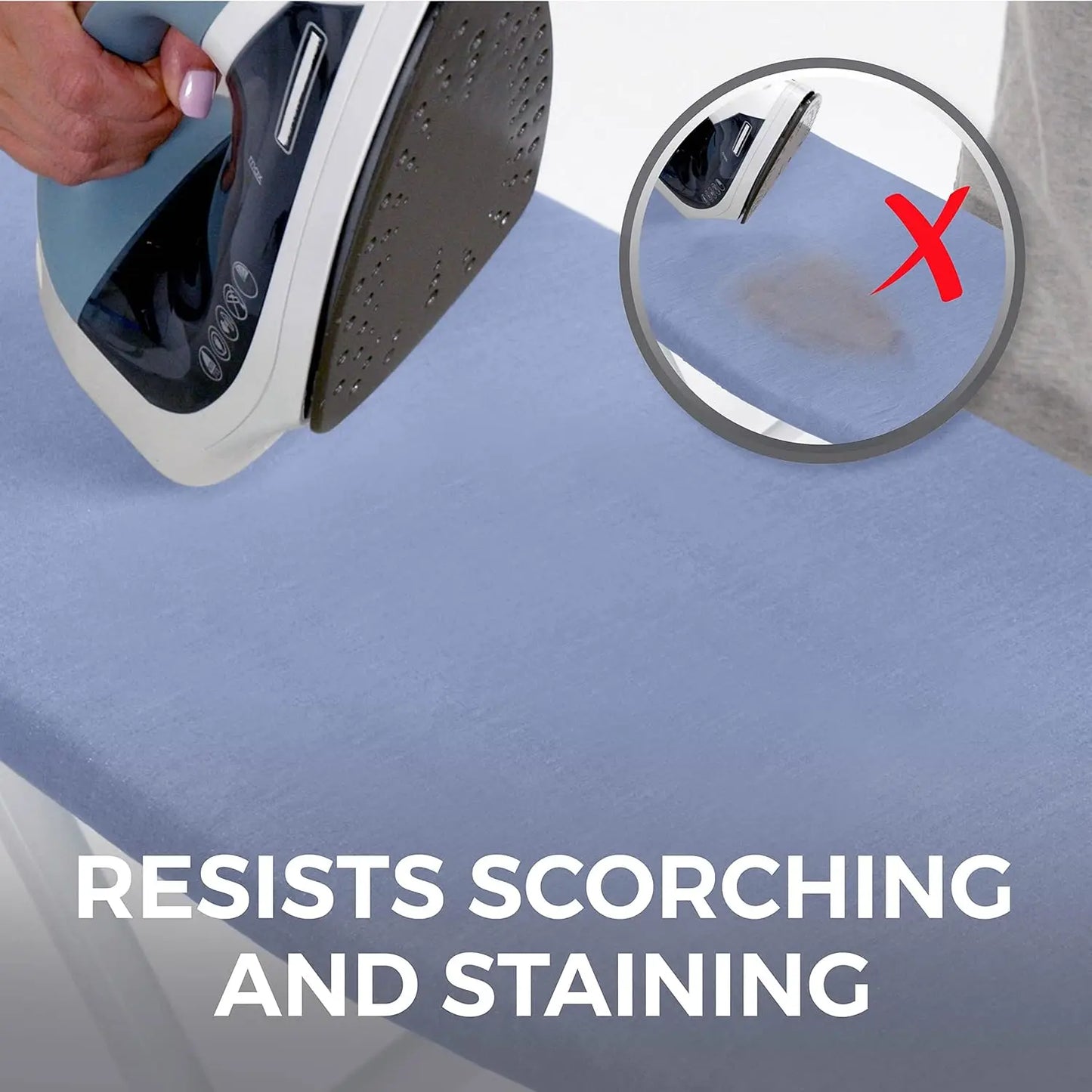 Ironing board with iron and close-up of fabric showing scorch mark, text 'Resists Scorching and Staining'.