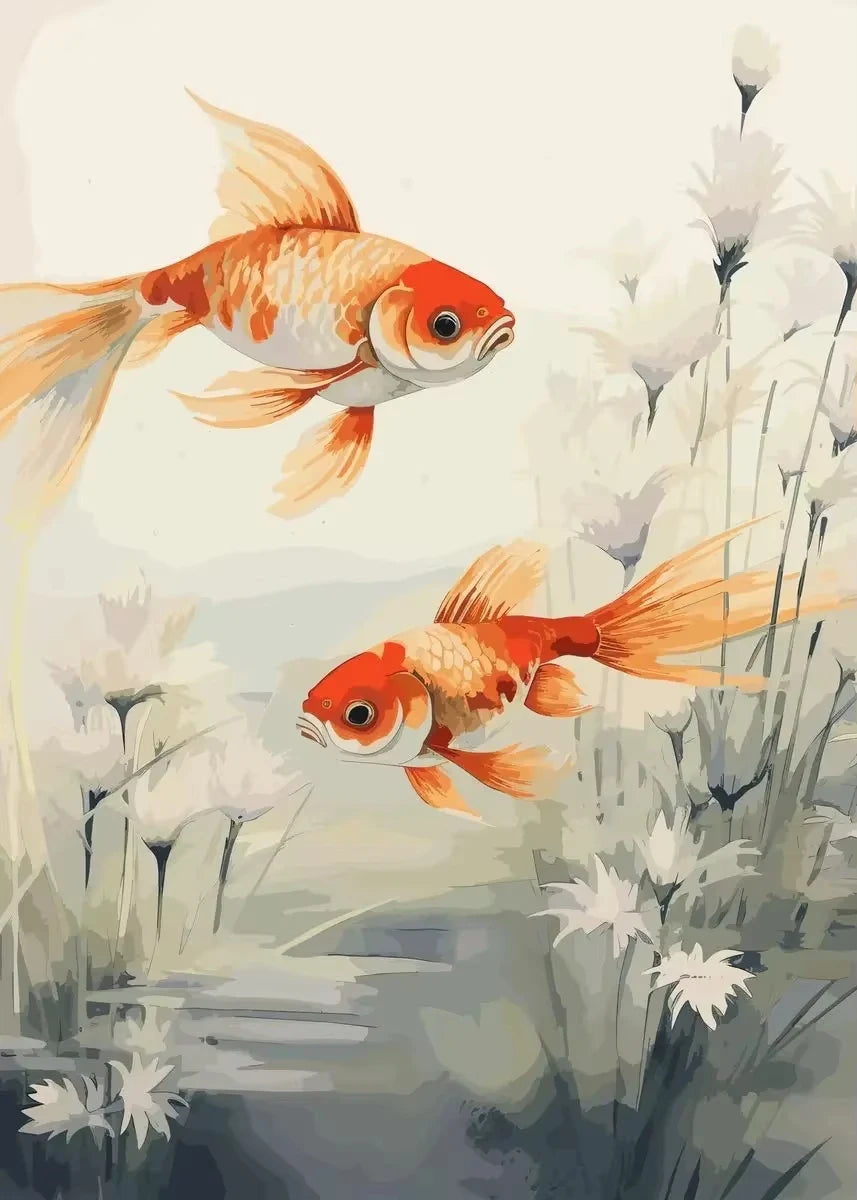 Red Koi Fish Lotus Canvas Wall Art | Good Luck Home Decor