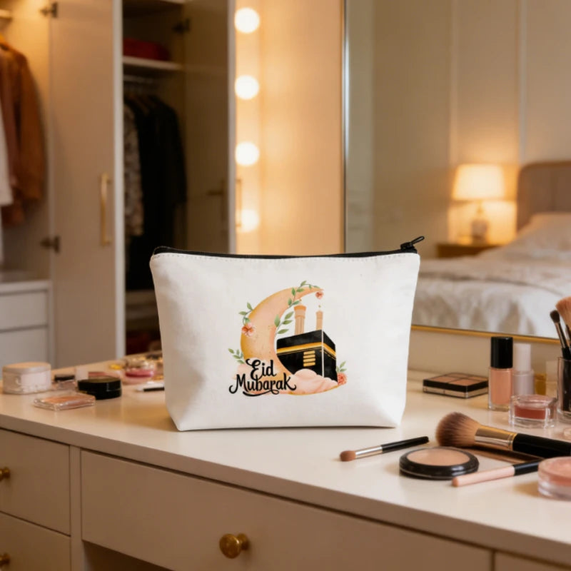 Eid Mubarak Canvas Makeup Bag | Mosque Moon Ramadan Gift Canvas Cosmetic Bag Peaceful Pleasures Health and Wellness