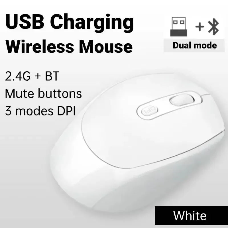 Wireless Mouse Rechargeable Gamer Mouse Dual Modes Bluetooth-compatible 2.4G USB Mute Mice For Laptop Pad Tablet Macbook Mause Peaceful Pleasures Health and Wellness White
