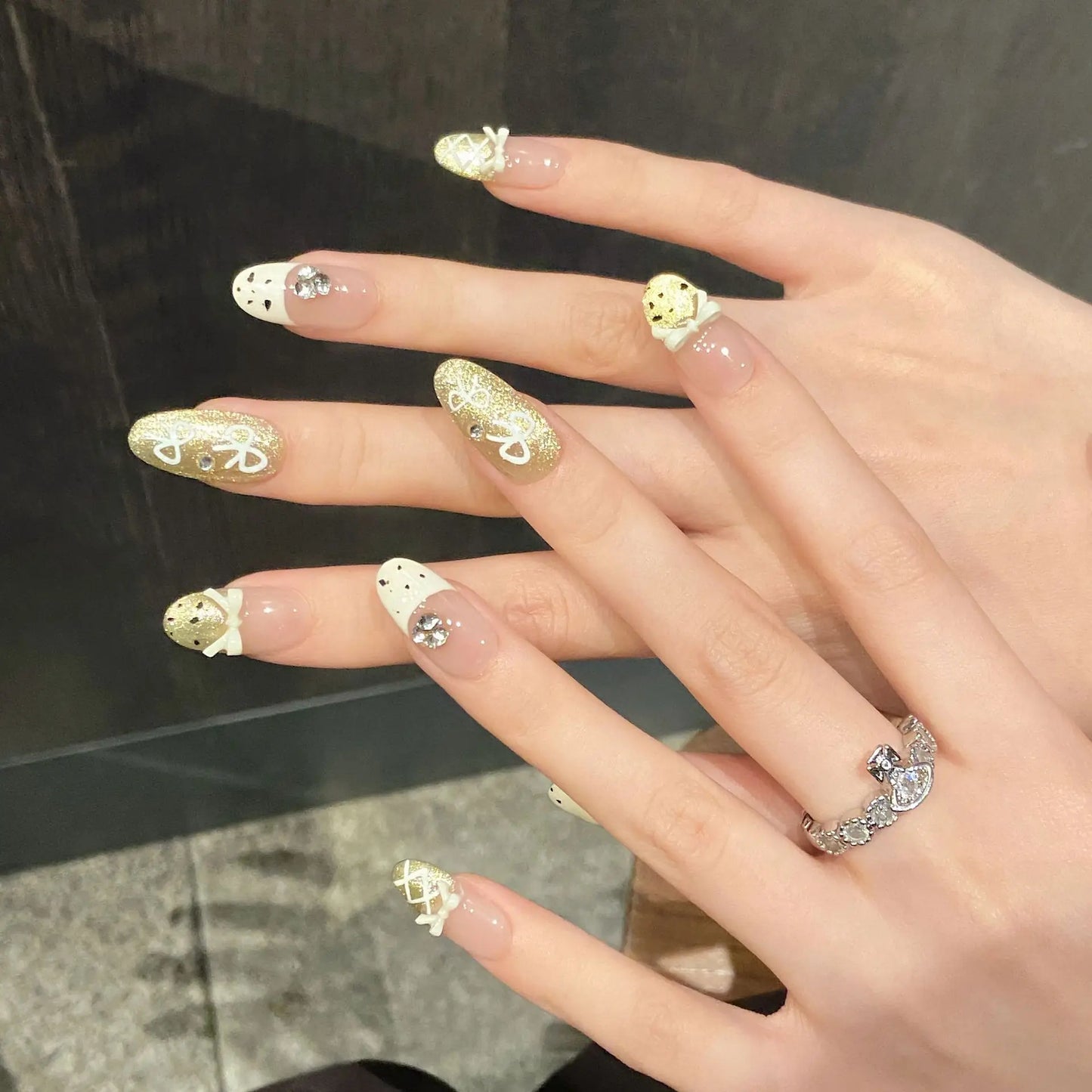 YADORNOS Press On Nails | Korean Bow Gold Cat Eye 10pc
