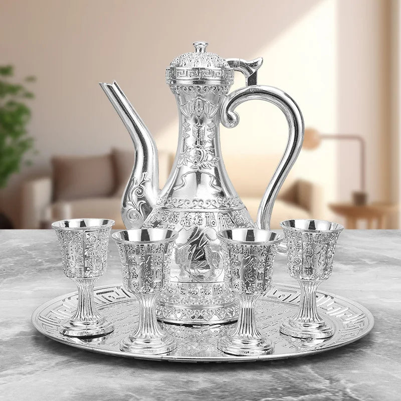 6 Pcs set Dragon and Phoenix Wine Set Tea Pot Home Party Decorative With 4 Cup Set Coffee Tea Serving Pot With Round Shaped Tray Peaceful Pleasures Health and Wellness