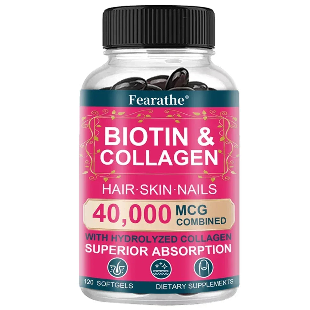 Biotin Collagen Supplement - Hair Growth Support, Skin & Nails - 40000 mcg with Vitamins B Complex, Hyaluronic Acid & Keratin Peaceful Pleasures Health and Wellness 120 count-1 bottle