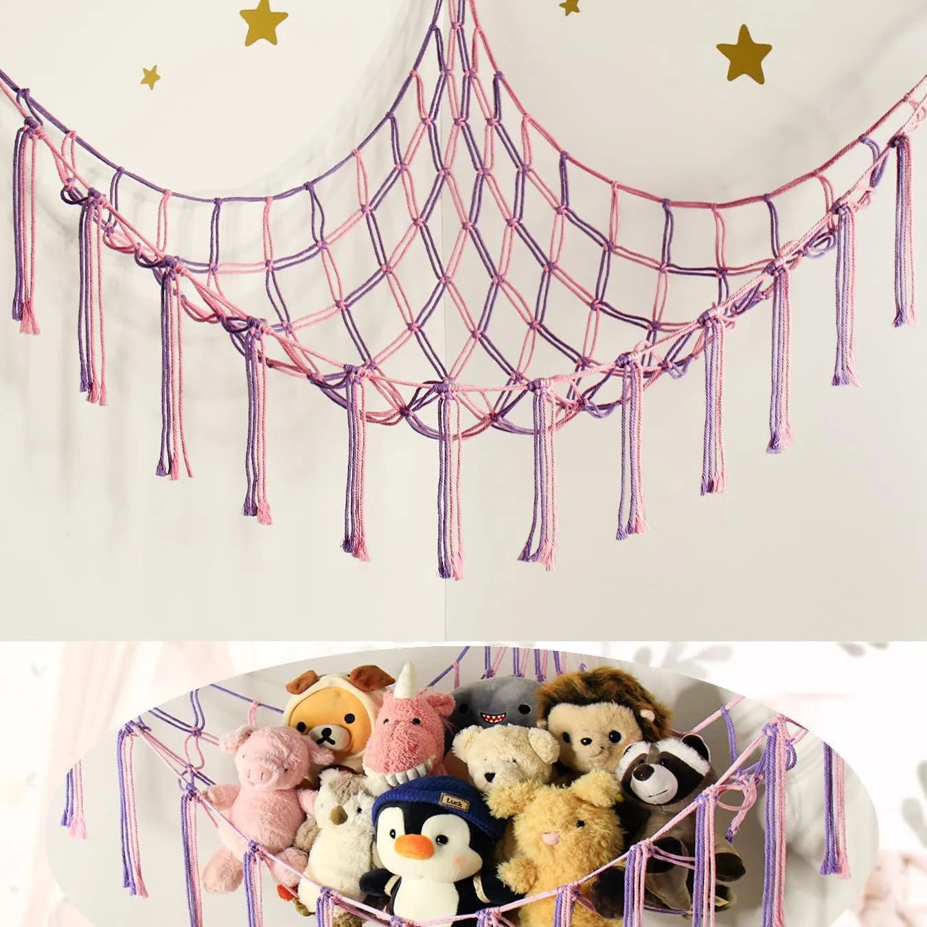 Corner Mounted Toy Storage Net Handwoven Cotton String Triangle Pouch Plush Doll Hammock Kids Room Organizer Peaceful Pleasures Health and Wellness Pink Purp100x100x140