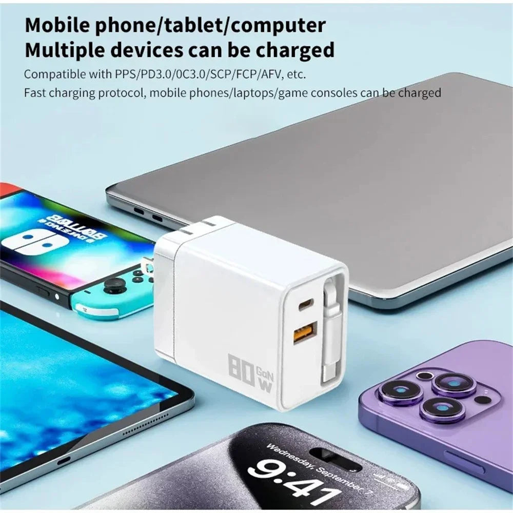 80W Fast Charger | Retractable USB-C Cable, 3-Port Wall Charger