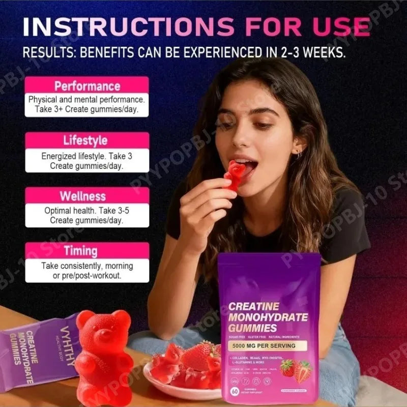 Creatine Monohydrate Gummies w/ Collagen, Biotin & Vitamin D3
