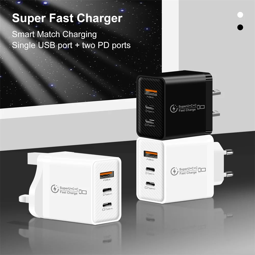 48W 3-Port USB-C Fast Charger PD QC 3.0 | EU US UK Plug