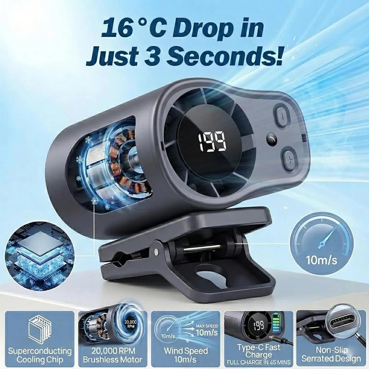 Clip On Car Fan Low Noise Cooling Fan With LED Display Portable Mini Clip Fan for Camping Fishing Travel Outdoor Use Peaceful Pleasures Health and Wellness
