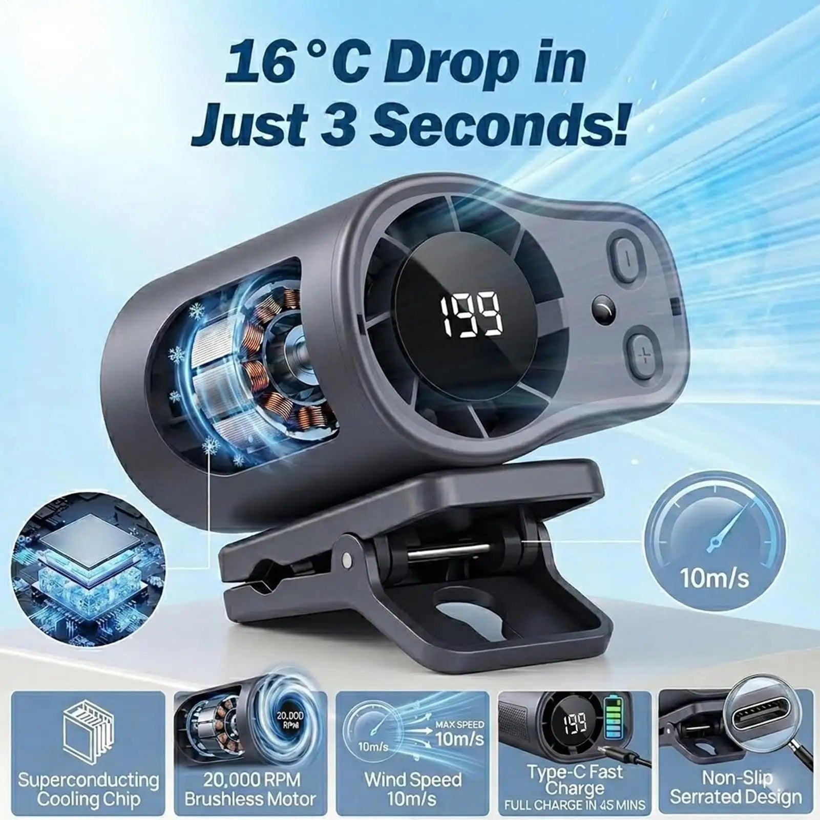 Clip On Car Fan Low Noise Cooling Fan With LED Display Portable Mini Clip Fan for Camping Fishing Travel Outdoor Use Peaceful Pleasures Health and Wellness