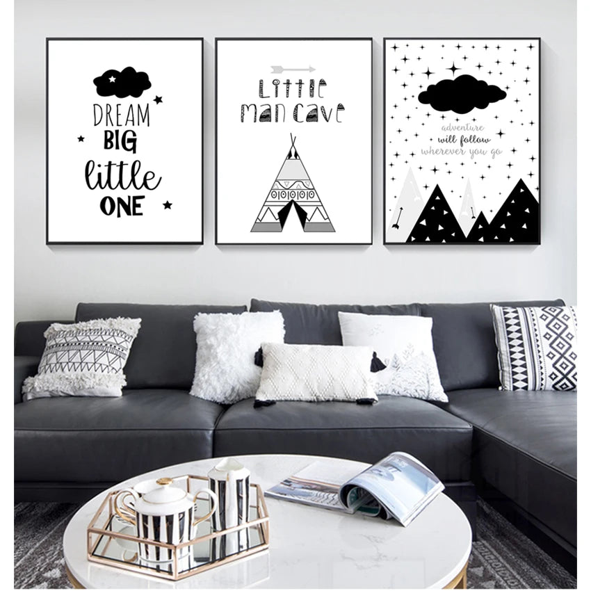 Boys Cartoon Nursery Canvas Wall Art | Black & White Print