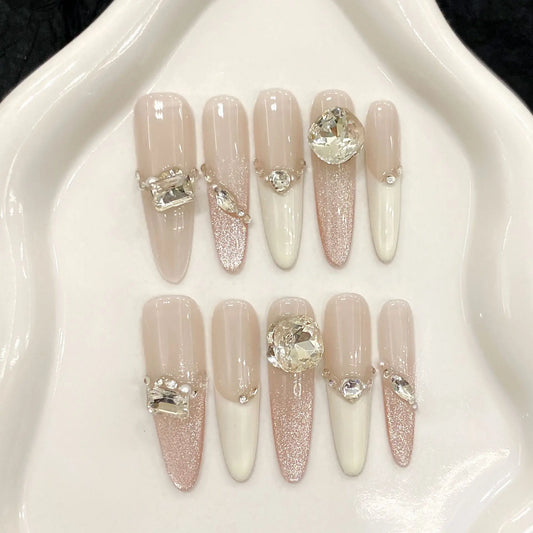 10pcs Handmade Long Oval Press on Nails Shiny Powder Rhinestone Design False Nails Wearable Full Cover French False Nail Tips Peaceful Pleasures Health and Wellness M