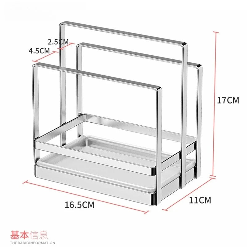 New Practical 304 Stainless Steel Cutting Board Frame Pot Cover Kitchen and Household Cutting Board Storage Rack with Water Tray Peaceful Pleasures Health and Wellness silver-Dual bar
