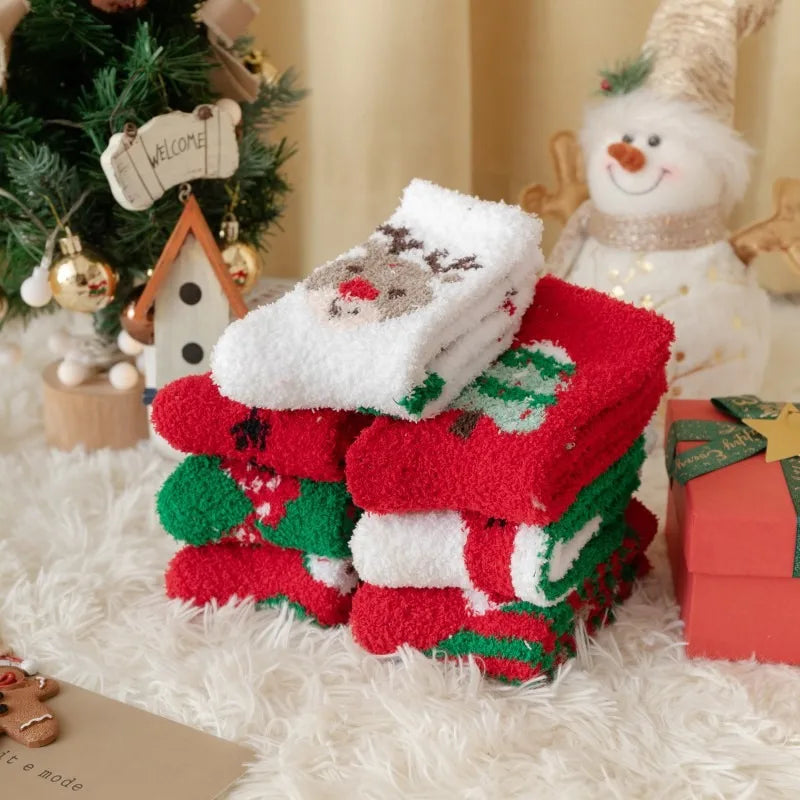 1 Pair of Coral Fleece Christmas Socks, Cute Elk Snowman Gift Socks, And Plush Mid Tube Men's And Women's Floor Sleeping Socks Peaceful Pleasures Health and Wellness