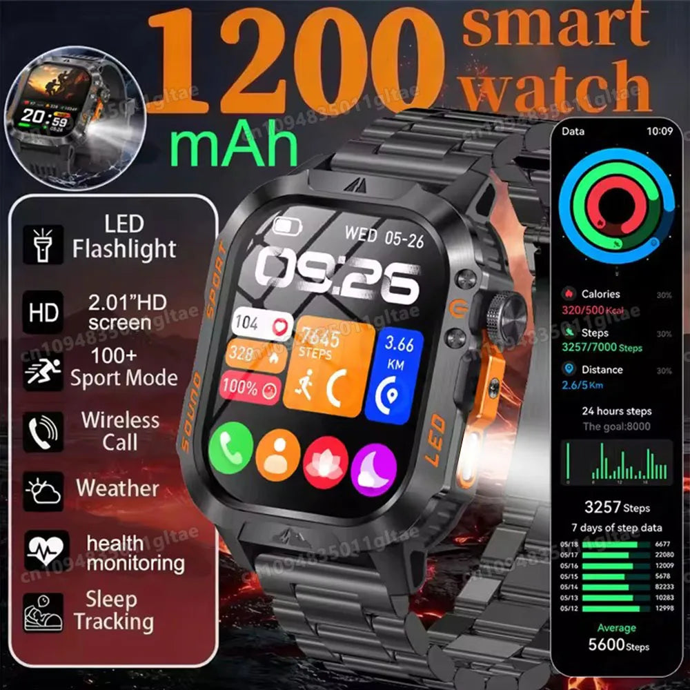 2026 New Military Outdoor Smart Watch Men's GPS Flashlight Bluetooth Call 2.01" AMOLED Screen 3ATM Waterproof Sports Smartwatch Peaceful Pleasures Health and Wellness