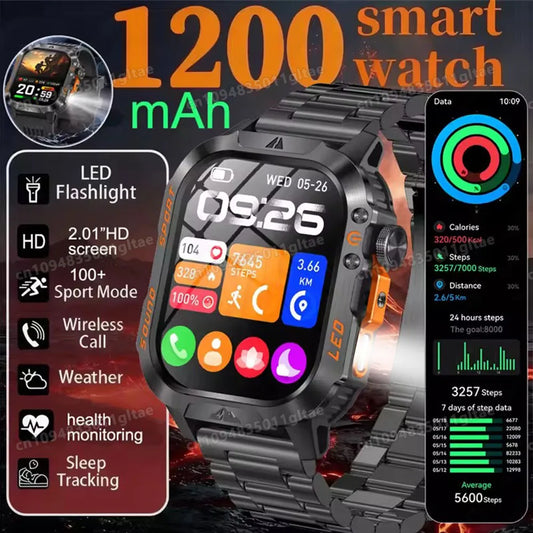 2026 New Military Outdoor Smart Watch Men's GPS Flashlight Bluetooth Call 2.01" AMOLED Screen 3ATM Waterproof Sports Smartwatch Peaceful Pleasures Health and Wellness