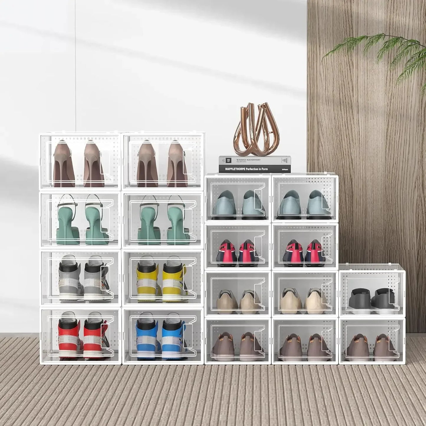 12 Pack Large Clear Plastic Stackable Shoe Storage Boxes with Lids, Modular Organizer for Closet Peaceful Pleasures Health and Wellness