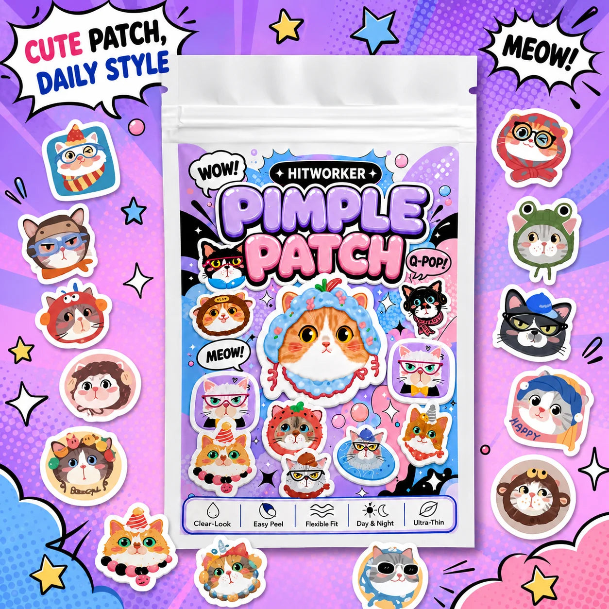Cute Cat Hydrocolloid Spot Patches – 48/240pc | Day & Night
