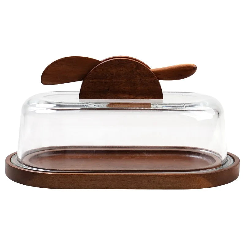 Solid Wood Butter Dish with Glass Lid & Butter Knife Set Butter Dish Set Peaceful Pleasures Health and Wellness