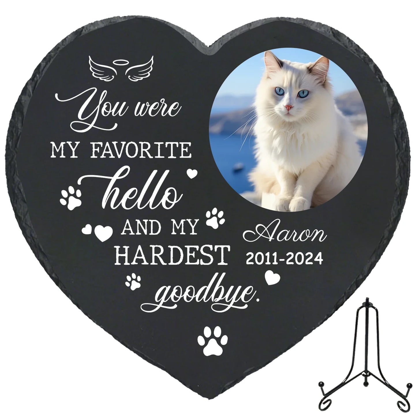 Personalized Pet Memorial Stone,Custom Cat Grave Marke Plaque With Photo&Name,Garden Slate Tombstone Pet Loss Remembrance Gift Peaceful Pleasures Health and Wellness With Metal Stand-6 4inch