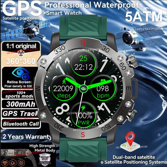 New Dual-Band GPS Military Smart Watch 5ATM Water-Resistant 300mAh Battery Compass GPS Sport SmartWatch Men For Android IOS 2025 Peaceful Pleasures Health and Wellness
