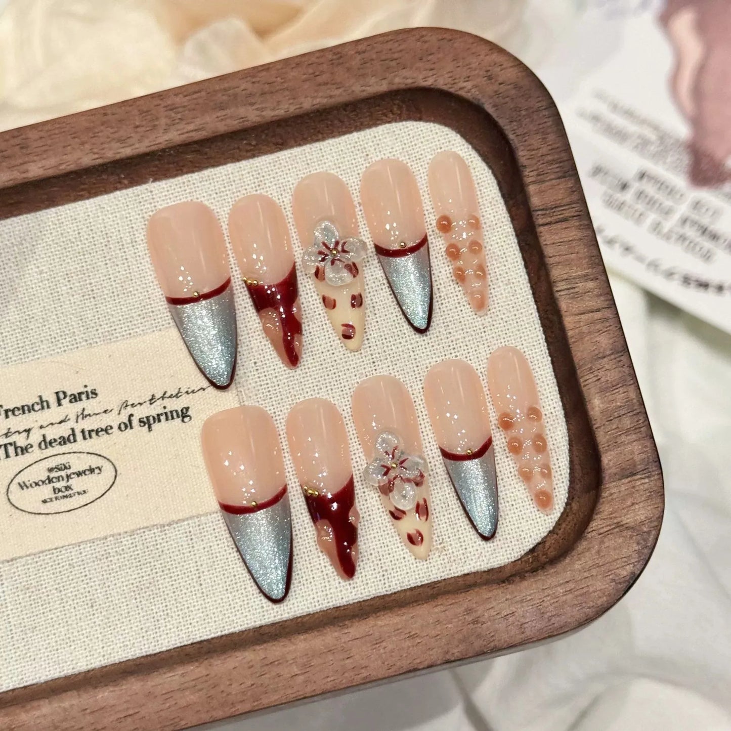 Handmade Press On Nails – 3D Flowers Cat's Eye Long False Tips Press On Nails Peaceful Pleasures Health and Wellness L 1