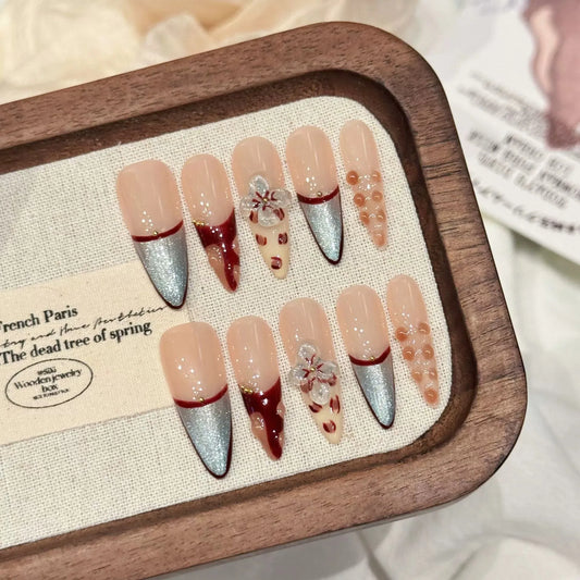 Handmade Press On Nails – 3D Flowers Cat's Eye Long False Tips Press On Nails Peaceful Pleasures Health and Wellness L 1