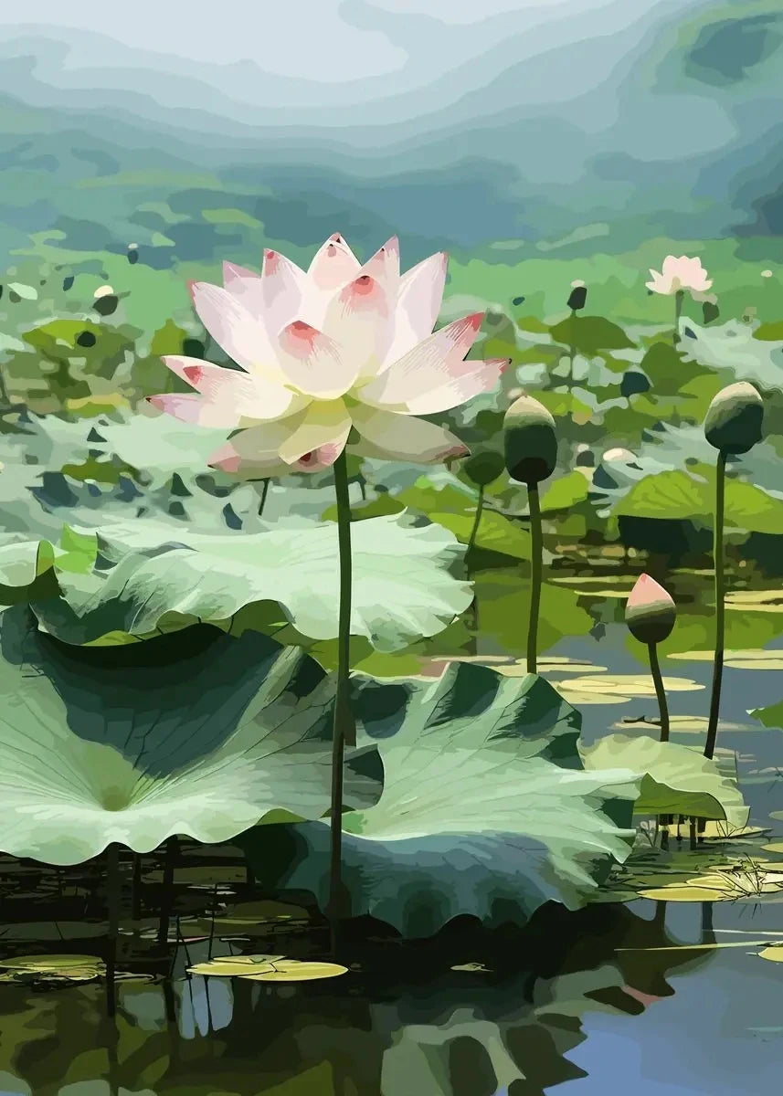 Chinese Lotus Flower Canvas Wall Art Print | Unframed Poster