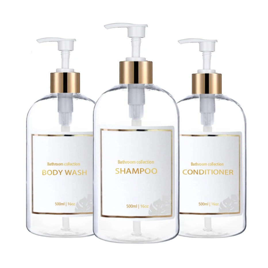 3pcs500ml Bathroom Dispensers Shampoo and Conditioner Dispenser Bottles Refillable Lotion Press Type Bottle Bathroom Accessories Peaceful Pleasures Health and Wellness Transparent